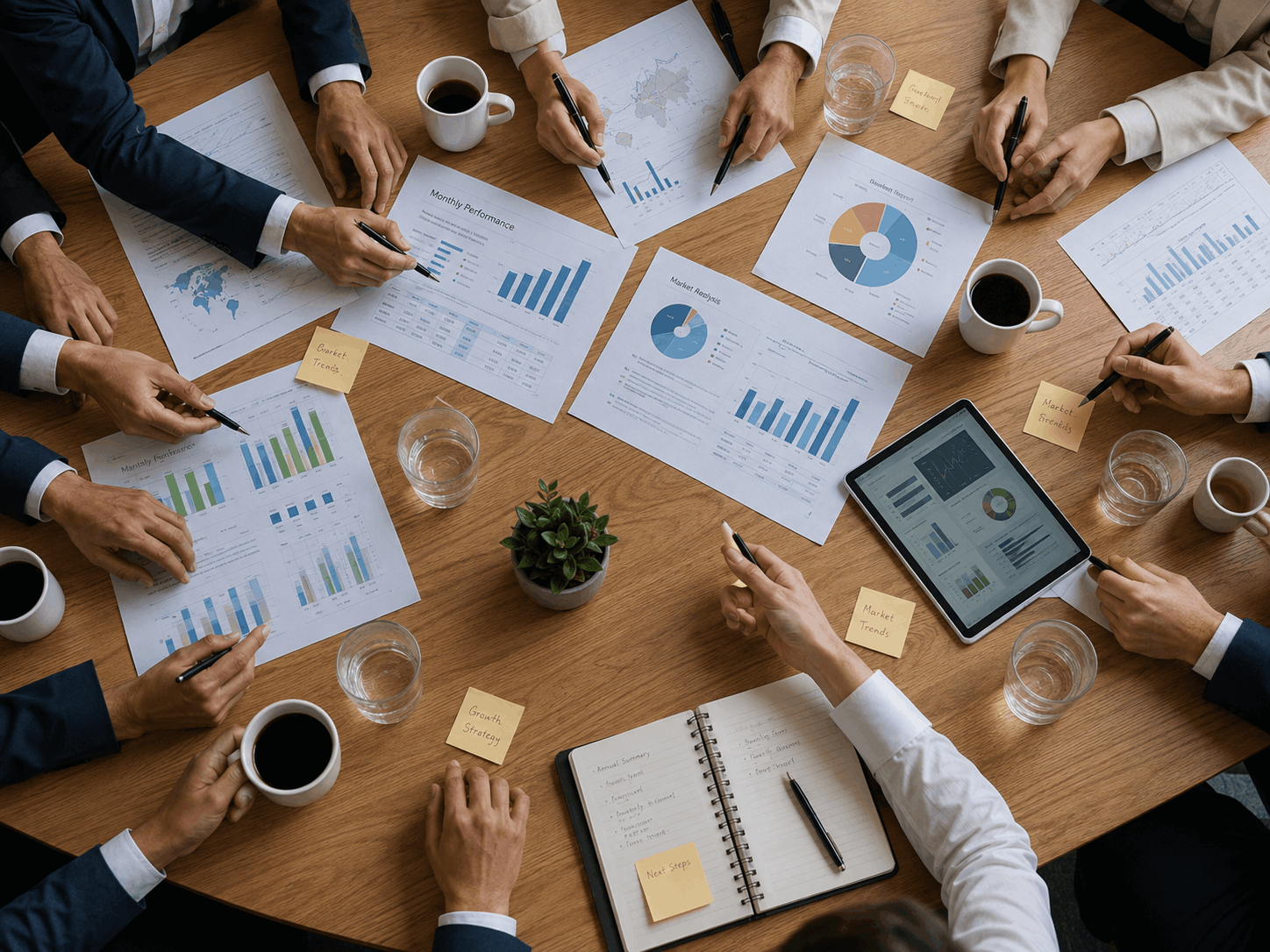Gemeinsame Arbeit an einem Tisch mit Diagrammen und Analysen