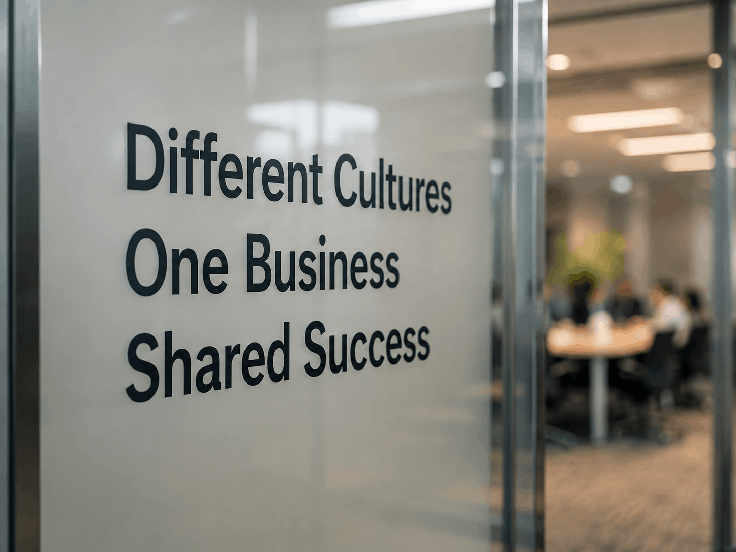 “Different Cultures. One Business” sign in an international office