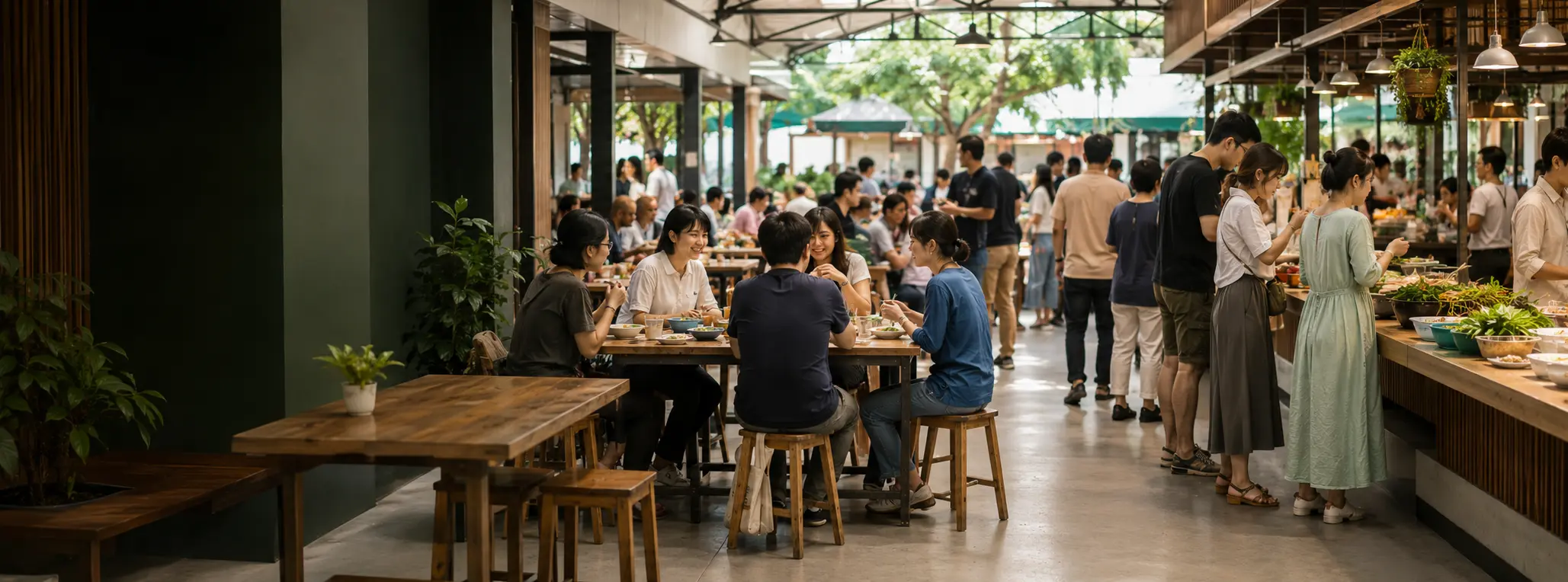 People eating and shopping together in a lively, well-kept Asian market