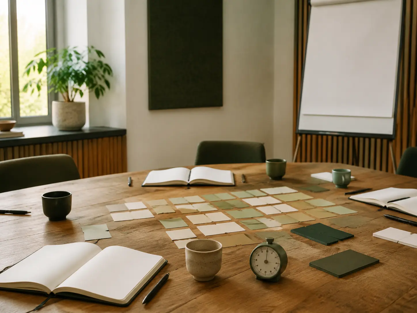 Vorbereiteter Workshoptisch mit Karten, Notizbüchern und Flipchart für ein interkulturelles Training